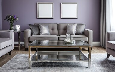 Modern living room interior design; purple walls, grey sofa, glass coffee table.