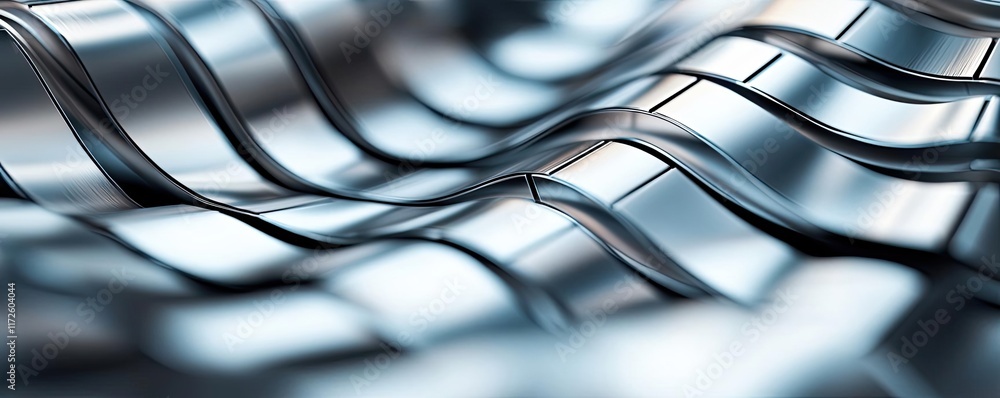 Poster metallic abstract background concept. close-up of wavy metallic sheets reflecting light in an indust