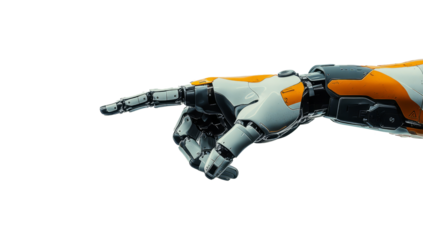 Hand of a robot or cyborg pointing, isolated on transparent background. PNG