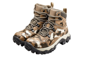 These are rugged camo hiking boots designed for outdoor adventures with durable materials and a textured sole for traction.