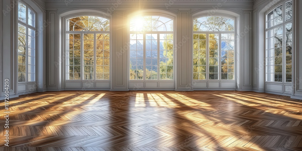 Poster 3d rendering of an empty room with parquet flooring and large windows capturing natural light and ou