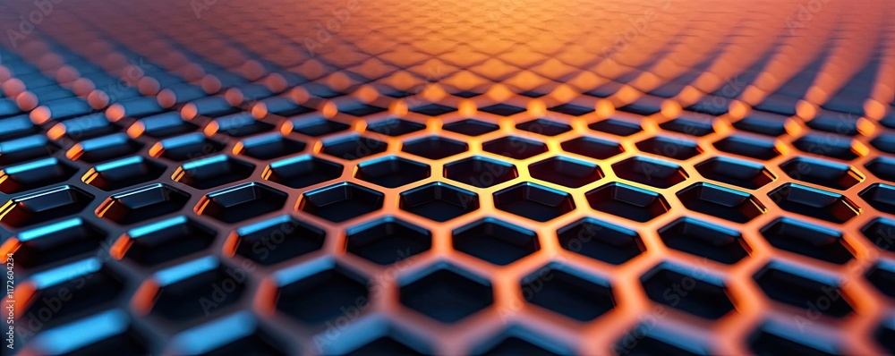 Aufkleber Metallic abstract background concept. Close-up view of a textured hexagonal grid with vibrant colors and reflections.