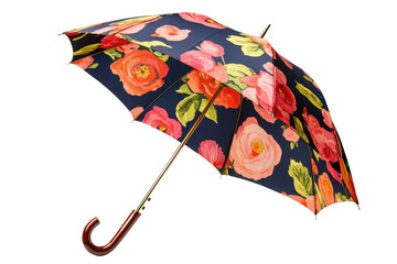 A vibrant floral umbrella featuring large roses on a dark base, showcasing a stylish design and sturdy handle.