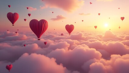 Fototapeta premium Heart Balloons in a Dreamy Sky, Valentine's Day, GENERATIVE AI