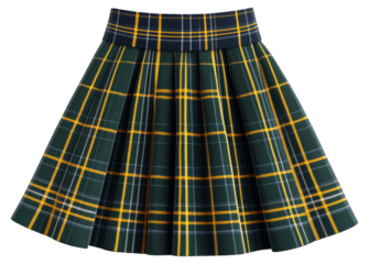 Stylish plaid skirt in green and yellow pattern perfect for casual or formal occasions isolated on transparent background.