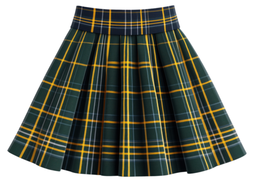 Stylish plaid skirt in green and yellow pattern perfect for casual or formal occasions isolated on transparent background. - Powered by Adobe