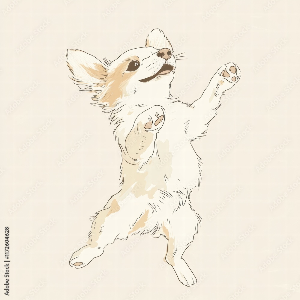 Aufkleber joyful puppy dancing happily with paws in the air on a bright and cheerful day in a playful setting.