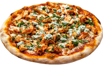 A delicious pizza topped with chicken, herbs, and creamy cheese, featuring a golden-brown crust and vibrant toppings.