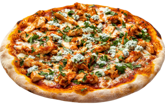 A delicious pizza topped with chicken, herbs, and creamy cheese, featuring a golden-brown crust and vibrant toppings.