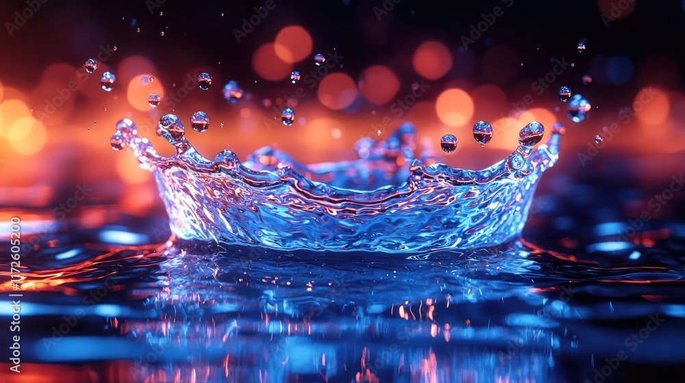 Poster splash abstract background concept. a vibrant splash of water with colorful droplets reflecting vari