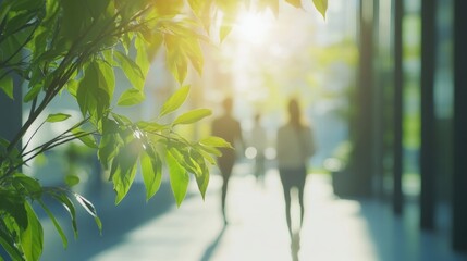 Modern office with greenery: blurred background of people walking in sunlit workspace highlighting eco-friendly and sustainable business practices



