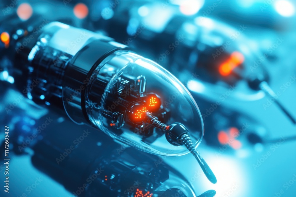 Poster advanced robotic components illuminated with blue and red lights in a futuristic setting