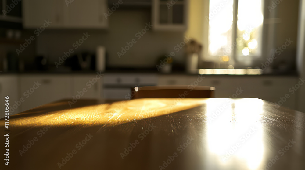 Poster bright wooden table in softly lit kitchen, creating warm and inviting atmosphere. blurred background