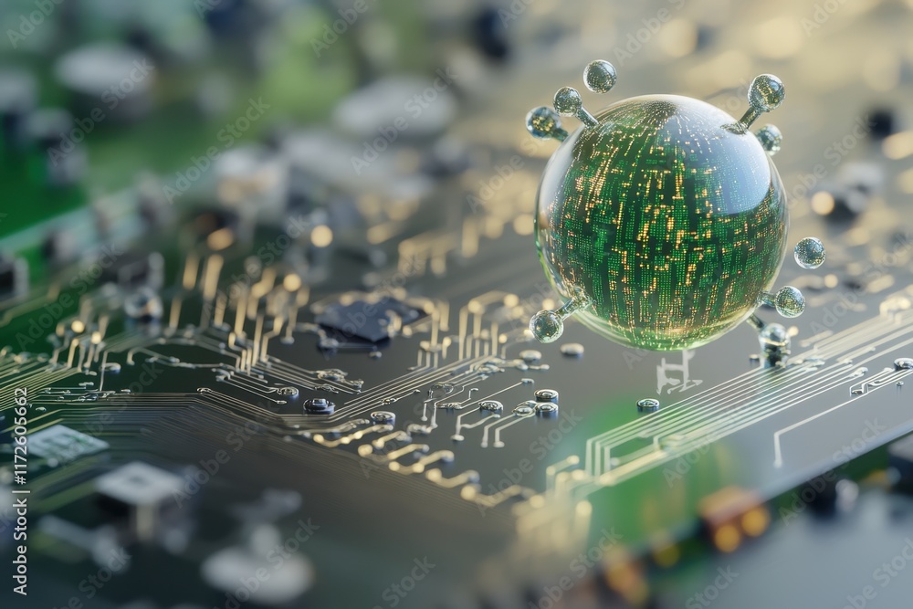 Poster digital circuit with a floating spherical object representing technological advancement