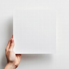 Hand holding a pristine white sheet of paper in a minimalist setting. Generative AI