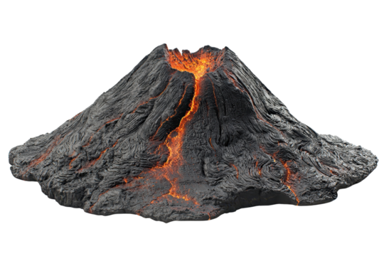 A volcanic mountain with flowing lava and rugged, rocky terrain, showcasing a dramatic eruption scene.