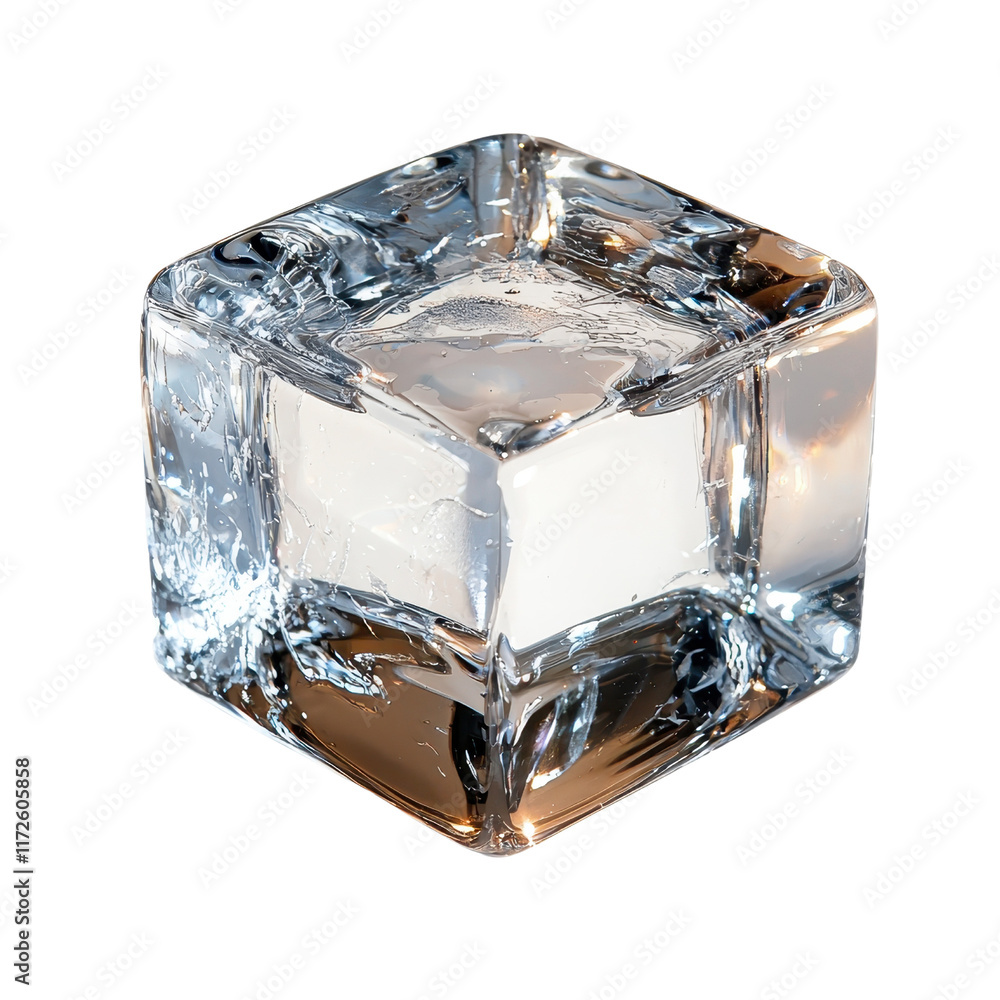 Poster a clear ice cube with smooth edges and reflective surfaces.