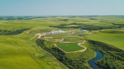 Aerial View of Lush Green Fields and Industrial Site with Water Bodies