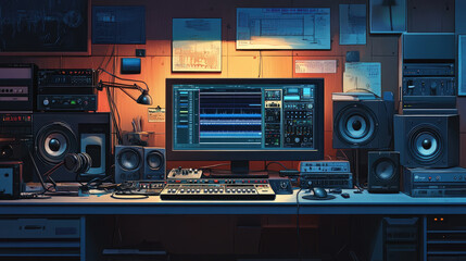 Fototapeta premium Professional podcast studio equipped with advanced audio technology, including microphones, monitors, and editing software, creating an engaging environment for radio broadcasts