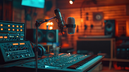 A professional podcast studio features a sleek microphone, sound mixer, and speakers. Warm lighting creates an inviting atmosphere for recording discussions and interviews
