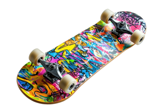 A vibrant skateboard featuring colorful graffiti art and smooth wheels, designed for skating enthusiasts.