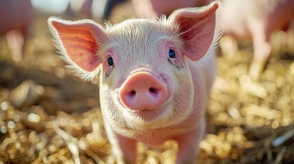 Closeup Portrait of Adorable Piglet on Farm with Vibrant Tools for Animal Care