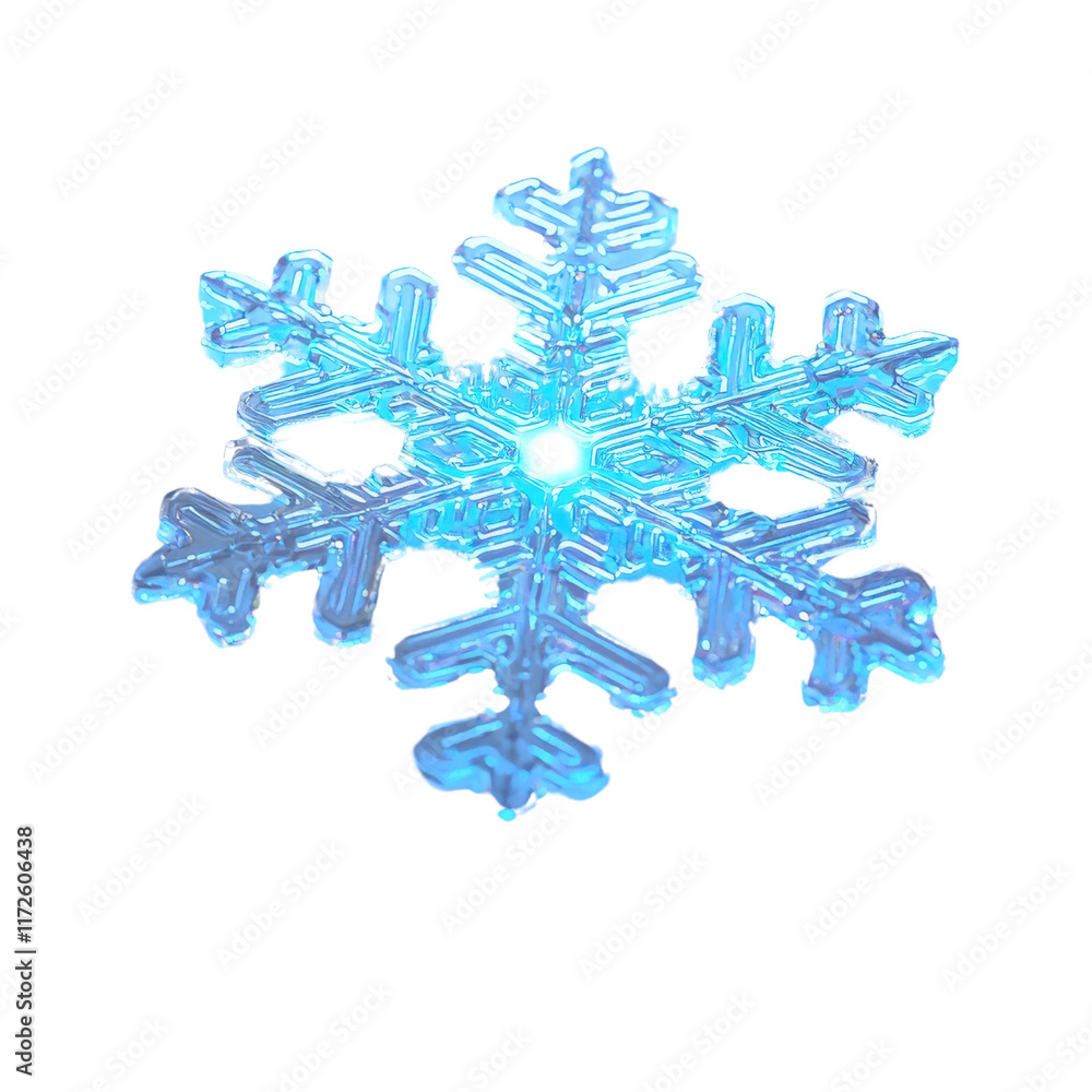 Poster a luminous snowflake design illuminated with blue light, showcasing intricate patterns and a frosty 