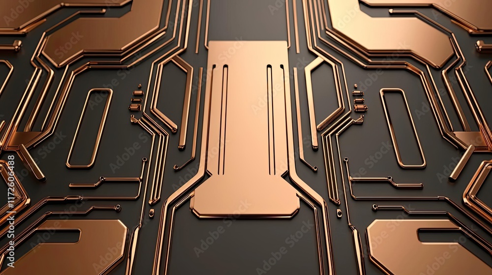 Poster Metallic abstract background concept. A close-up view of modern copper circuit board design showcasing intricate patterns.