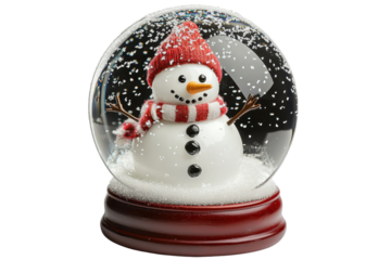 A cheerful snowman inside a snow globe, wearing a red hat and striped scarf, surrounded by falling snowflakes.