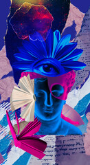 Abstract human antique statue and books. Creative idea symbol, art design or collage. Mental...