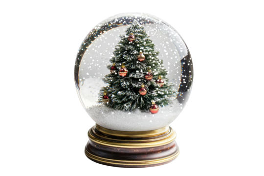 A decorative snow globe featuring a Christmas tree adorned with ornaments, surrounded by falling snow within a glass sphere.