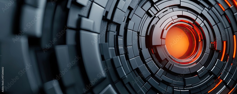 Poster Metallic abstract background concept. Futuristic abstract design with a circular pattern and glowing core in vivid colors.