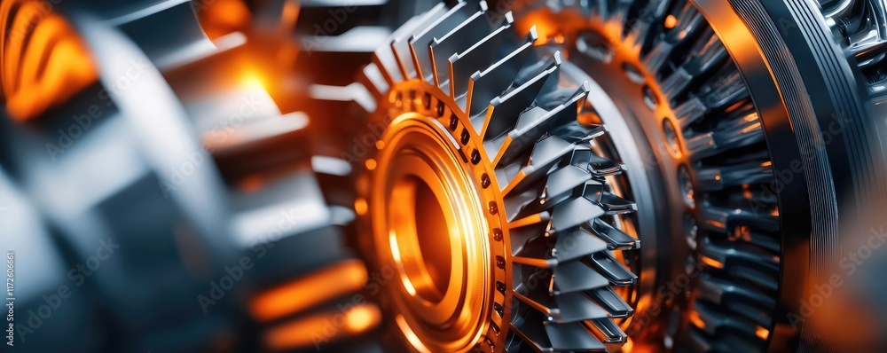 Poster Metallic abstract background concept. Close-up of intricate mechanical gears with glowing accents and reflective surfaces.