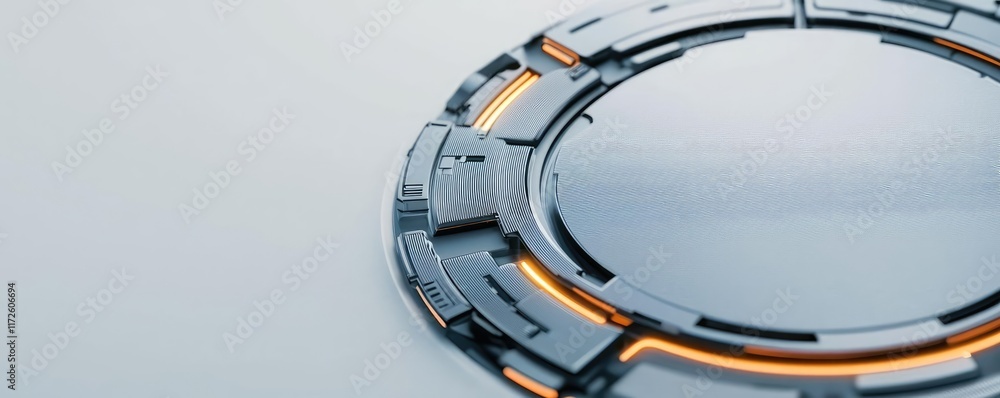 Poster Metallic abstract background concept. Futuristic technology design showcasing a circular interface with glowing elements.