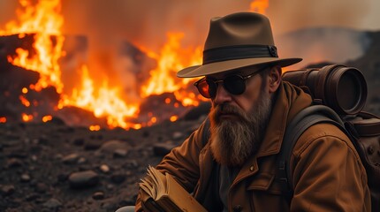 Obraz premium Grizzled explorer, weathered by time, gazes pensively at a raging inferno, holding a worn journal.