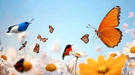 Birds and butterflies fly above a field of daisies and cosmos flowers.