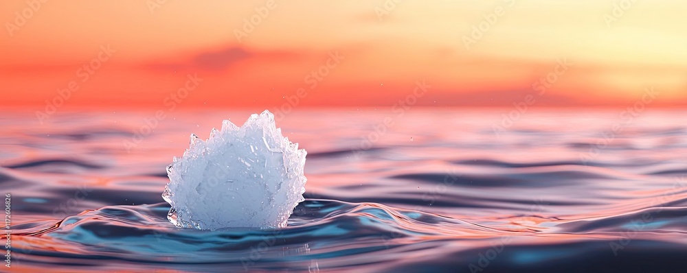 Aufkleber Splash abstract background concept. A serene view of an ice mound floating on water during a colorful sunset.