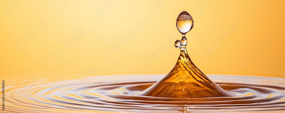 Poster Splash abstract background concept. A close-up of a water drop creating ripples in amber liquid against a warm background.