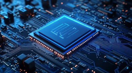 Fototapeta premium Close-up of a computer processor chip with glowing circuits. This image represents technology and innovation. 