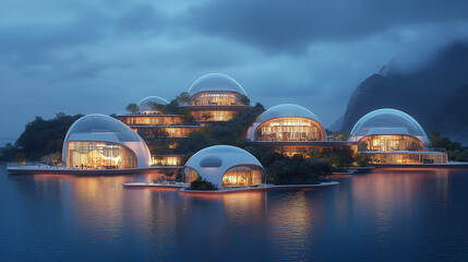 Obraz premium Futuristic Island Getaway: Dome-shaped luxury villas nestled on a tranquil island, illuminated at twilight. A stunning architectural rendering of a modern, eco-friendly paradise. 