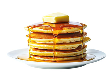A stack of fluffy pancakes topped with butter and drizzled with syrup, served on a white plate.
