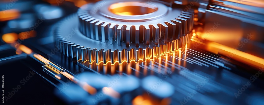 Poster Metallic abstract background concept. Intricate close-up of a gear mechanism with glowing elements and high-tech design.
