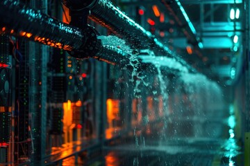 Obraz premium A complex fire sprinkler system actively spraying water in a high-tech data center, with glowing servers in the background.