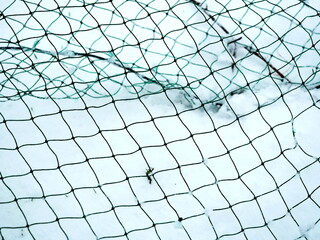 Net in the snow. A broken net in the snow stands out due to the contrast of the dark fabric against the white snow, offering an intriguing motif for design and structure