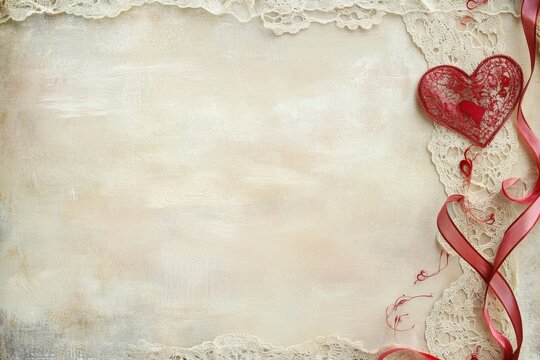 A decorative background featuring lace, a heart, and ribbons, ideal for romantic themes.