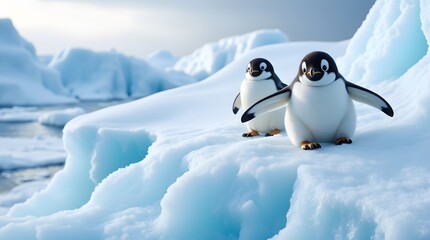 Obraz premium Adorable penguin chicks explore a breathtaking icy landscape. A charming scene of Antarctic wildlife!