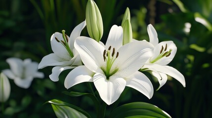 Fototapeta premium A close-up of elegant white lilies in a lush green setting.