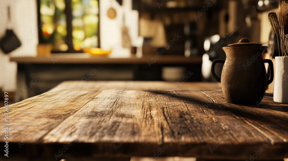 Poster rustic wooden table in cozy kitchen setting, featuring clay pot and blurred background elements that