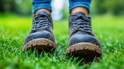 Muddy boots on grass, outdoor adventure, park background, nature exploration.