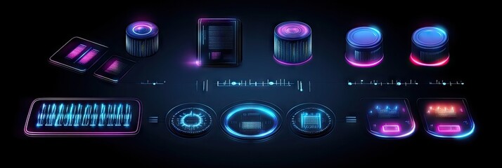 Futuristic digital interface elements with glowing designs for technology applications.